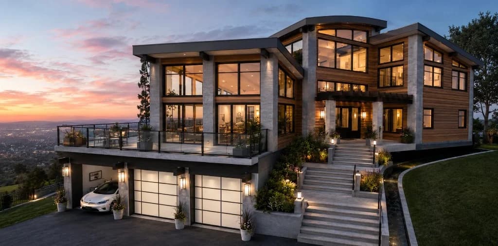 8010 Del Dios Rd., Rancho Santa Fe, CA — exterior at twilight (architectural rendering)
